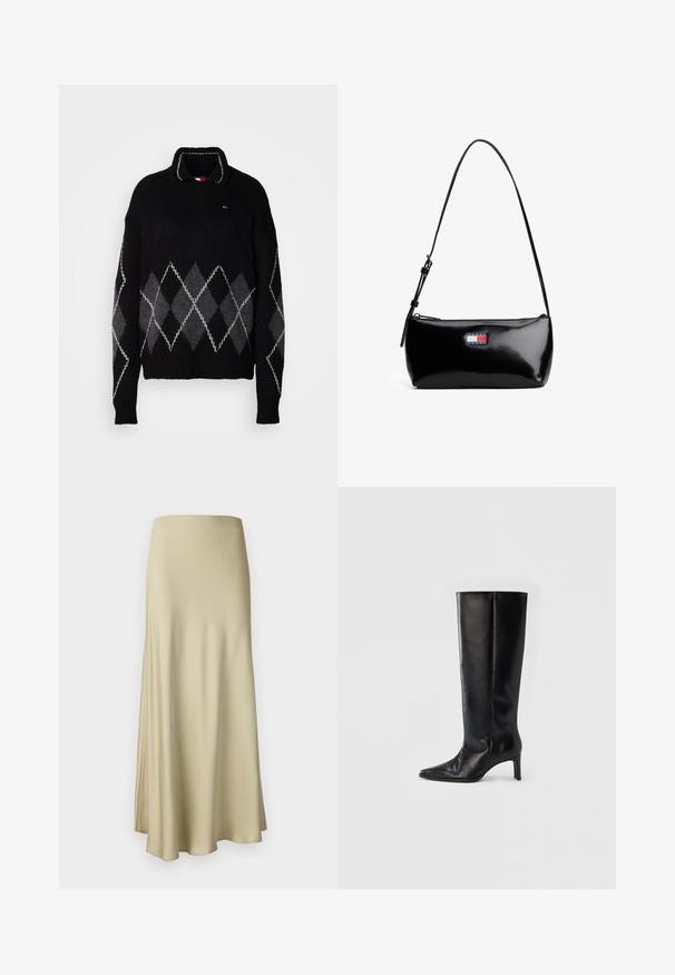 Pull en tricot noir avec un col à revers et un motif losange en nuances de gris et blanc. Poignets et taille côtelés. Détail du logo sur la poitrine.; Jupe longue et fluide en beige, fabriquée en tissu doux. Elle présente une texture lisse et un design simple et minimaliste sans matériel visible.; Bottes noires montantes en cuir lisse, avec un bout pointu et un talon fin, une tige ajustée et un design minimaliste.; Sac à épaule en cuir verni noir avec une bandoulière incurvée, fermeture éclair et un patch rectangulaire avec un logo en rouge, blanc et bleu.