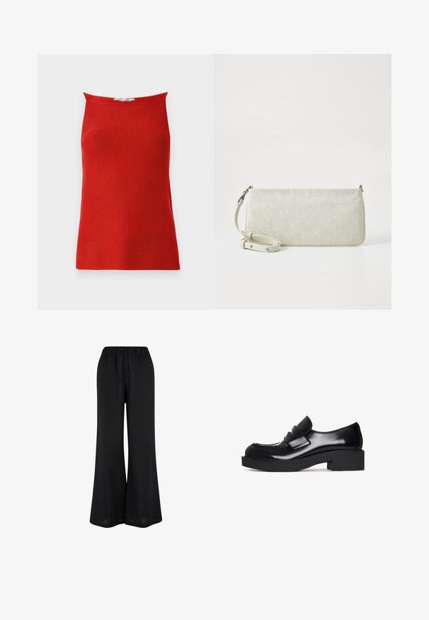 Top sin mangas de canalé rojo con cuello recto y silueta ajustada, hecho de una tela suave. Sin cierres ni patrones visibles.; Pantalones de pierna ancha negros, fabricados con un tejido ligero. Cuentan con una cinturilla elástica y un diseño fluido hasta el suelo.; Mocasín de charol negro con punta redondeada, una correa decorativa en la parte delantera y un tacón grueso de bloque. Textura lisa y costuras mínimas.; Bolso de mano blanco con un patrón, de forma rectangular elegante, textura suave y una correa ajustable. Presenta un diseño de logo sutil y herrajes plateados.