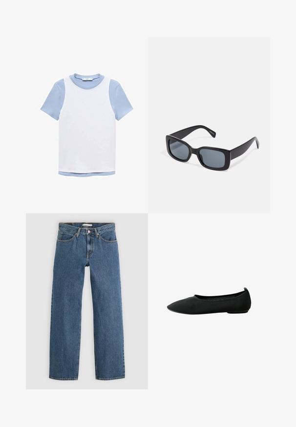 Lys blå T-shirt med korte ærmer lagd med en ærmeløs hvid vest, vist fladt på en hvid baggrund.; Blå denim jeans med lige pasform, der har fem lommer, knaplukning og kontrastsyninger langs sømmene.; Sort stof slip-on flad sko med rundet tå og lav hæl, sidevisning på hvid baggrund.; Sorte rektangulære solbriller med mørkt tonede linser, tyk plastramme og brede stænger. Glat overflade og kantet design.