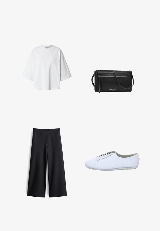 Witte oversized T-shirt met korte mouwen, ronde hals en losse pasvorm, weergegeven op een eenvoudige achtergrond.; Zwarte wijd-uitlopende broek gemaakt van een soepele, rekbare stof. Heeft een comfortabele elastische tailleband en een minimalistisch ontwerp zonder zakken.; Witte canvas sneakers met een gladde textuur, ronde neus en vijf paar eyelets voor veters. Minimalistisch ontwerp, lichte zool.; Zwarte leren crossbodytas met twee ritssluitingen, een slank ontwerp en een schouderriem met kwastaccenten. Merkenlogo zichtbaar.