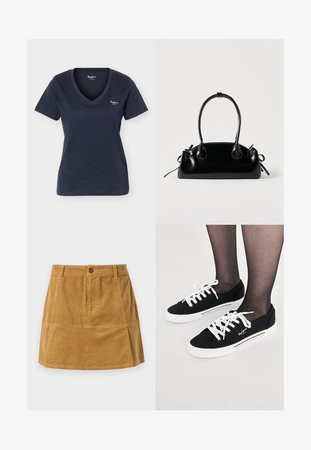 T-shirt pour femme bleu marine à manches courtes et col en V avec un petit logo blanc "Pepe Jeans London" sur le côté gauche de la poitrine.; Jupe en velours côtelé marron avec une coupe classique, fermeture à boutons sur le devant, deux poches latérales et nervures verticales texturées.; Baskets en toile noires avec lacets blancs, semelles en caoutchouc blanches et accents de rayures sur les côtés. Présente un logo sur les côtés extérieurs.; Petit sac à main noir brillant avec deux longues anses et des détails à cordon sur les côtés sur un fond clair uni.