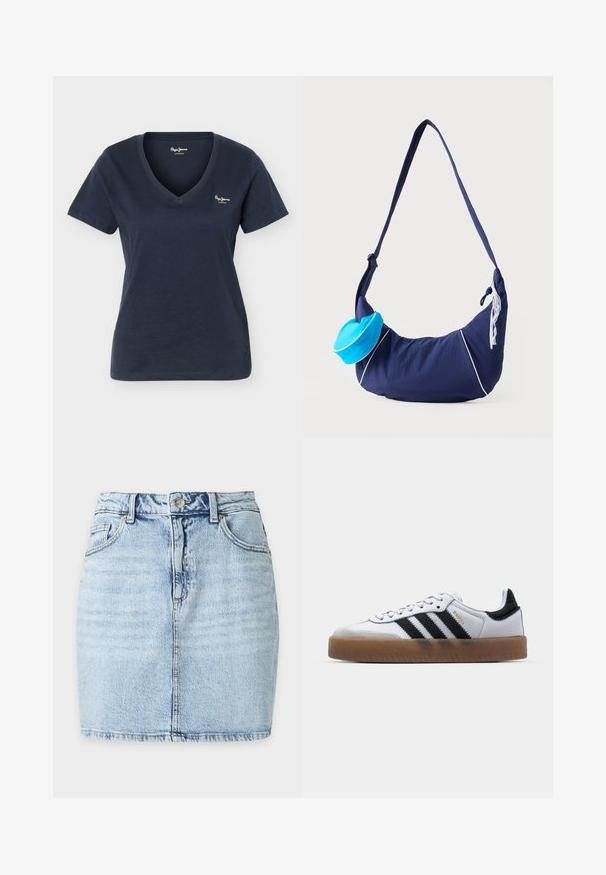 Camiseta de mujer de manga corta con cuello en V de color azul marino con pequeño logo blanco de "Pepe Jeans London" en el pecho izquierdo.; Minifalda vaquera azul claro con botón delantero, trabillas, dos bolsillos frontales y costura vertical visible en el centro.; Zapatillas de cuero blancas con rayas negras, suela de goma, puntera redonda, cierre de cordones y caperuza de ante gris suave.; Bolso de hombro azul marino con correa larga, detalles en blanco, un pequeño bolsillo brillante azul adherido y decoración de encaje blanco en el lateral.
