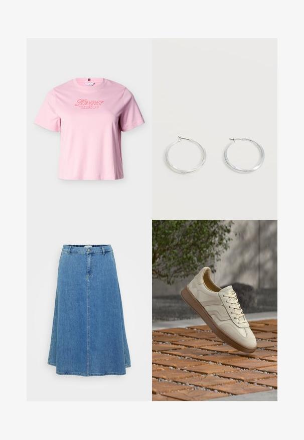 Hele roosa lühikeste varrukatega T-särk, millel on rinnal punases värvuses "Tommy Hilfiger, Co. Los Angeles, CA, USA" tekst.; Sinine teksast A-line seel, millel on vöökoht, ees nuppude sulgemine ja õmmeldud õmblused. Materjalil on tavaline teksakanga tekstuur.; Kreemikollane toss, millel on tekstureeritud beež kummipõhi, paeltega disain ja peen brändimine küljel. Sile nahast pealne.; Hõbedased metallist rõngakujulised kõrvarõngad, millel on sile, kergelt kaarduv pind ja lukustuvad tagused kinnitused, valgel taustal.