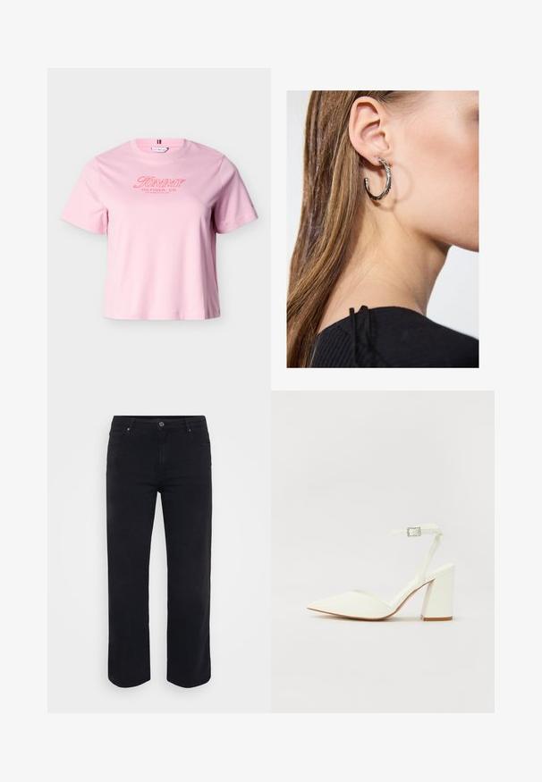 Camiseta de manga corta rosa claro con texto "Tommy Hilfiger, Co. Los Angeles, CA, USA" en rojo en el pecho.; Jeans de denim negro con un diseño de pierna recta. Las características incluyen un cierre de botón en la cintura, trabillas para cinturón y bolsillos delanteros y traseros. Textura suave.; Sandalia blanca de tacón con puntera afilada, correa ajustable en el tobillo y un tacón cuadrado grueso. Textura lisa con detalles de costura mínimos.; Pendiente de aro de plata con un acabado pulido, que presenta pequeños detalles en dorado y una forma redonda, llevado en el lóbulo.