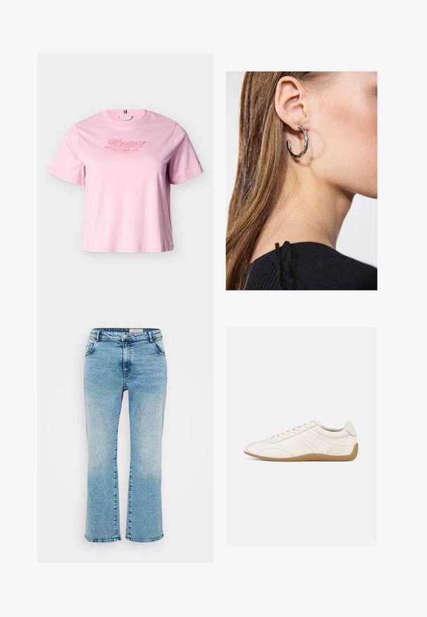 Svetloružové tričko s krátkym rukávom a červeným textom "Tommy Hilfiger, Co. Los Angeles, CA, USA" na hrudi.; Svetlomodré dinové nohavice s rovnýcm strihom, s gombíkovým zapínaním, piatimi vreckami a jemným vyblednutím na kolenách.; Biele kožené tenisky s hladkou textúrou, zaoblenou špičkou a tónovaným šitím. Majú hnedú gumovú podrážku a šnurovacie zapínanie.; Strieborná kruhová náušnica s lesklým povrchom, obsahujúca malé zlaté akcenty a okrúhly tvar, nosená na lalôčiku ucha.