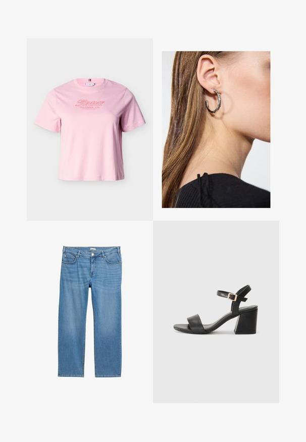 Camiseta de manga corta rosa claro con texto "Tommy Hilfiger, Co. Los Angeles, CA, USA" en rojo en el pecho.; Vaqueros de denim azul claro con un diseño de pierna recta, cinco bolsillos, una cintura de altura media y una textura suave. Cuenta con un cierre de botón.; Sandalias de tacón de cuero negro con una cinta ancha en la parte del dedo del pie y un acento de hebilla en la correa del tobillo. Tacón rectangular grueso.; Pendiente de aro de plata con un acabado pulido, que presenta pequeños detalles en dorado y una forma redonda, llevado en el lóbulo.
