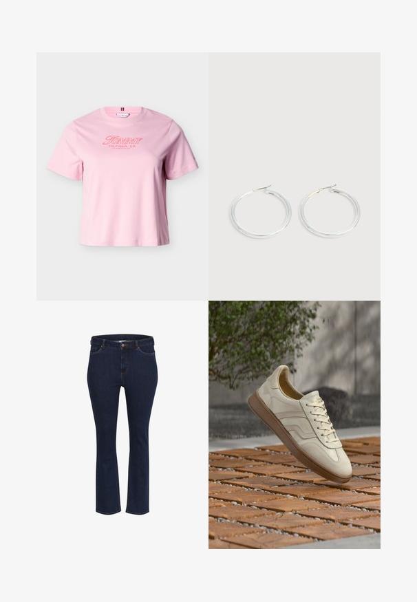 T-shirt rose clair à manches courtes avec le texte "Tommy Hilfiger, Co. Los Angeles, CA, USA" en rouge sur la poitrine.; Jean en denim bleu avec une coupe droite, comportant cinq poches, des coutures contrastées et une fermeture à bouton en métal à la taille.; Baskets couleur crème avec une semelle extérieure en caoutchouc beige texturée, un design à lacets et un marquage subtil sur le côté. Tige en cuir lisse.; Paire de boucles d'oreilles créoles argentées brillantes avec fermoirs en fil fin, présentée sur un fond gris clair.