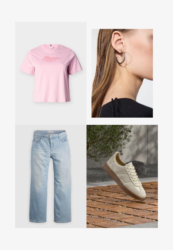 Lichtroze T-shirt met korte mouwen en rode tekst "Tommy Hilfiger, Co. Los Angeles, CA, USA" op de borst.; Lichtblauwe wijde jeans van denim. Heeft een hoge taille, vijf zakken en contrasterende stiksels. Gladde textuur met een vervaagde afwerking.; Sneaker in roomkleur met een gestructureerde beige rubberen zool, vetersluiting en subtiele merkdetails aan de zijkant. Bovenwerk van glad leer.; Zilveren oorbel met een gepolijste afwerking, met kleine gouden accentdetails en een ronde vorm, gedragen op de oorlel.