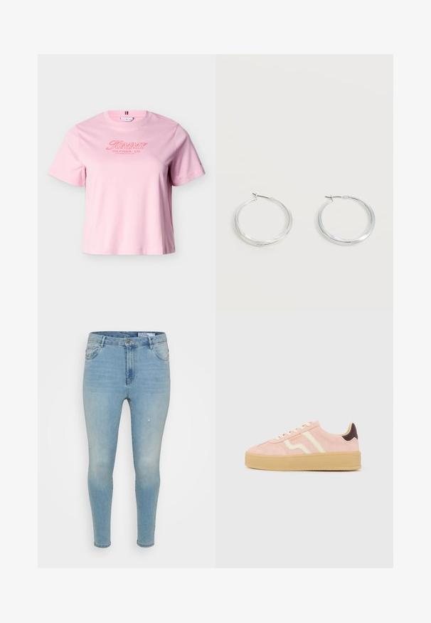 Lyserød T-shirt med korte ærmer og "Tommy Hilfiger, Co. Los Angeles, CA, USA" tekst i rødt på brystet.; Lyseblå denimbukser med slim fit, der har en mellemhøj talje, klassisk fem-lomme design og subtile slidte detaljer på fronten.; Lyserød ruskindssneaker med beige gummisål, cremefarvet snørebånd, cremefarvede sidestriber, mørkebrun hælaccents og "GANT"-logo på siden.; Sølvfarvede metaloorringe med glat, let buet overflade og låsemekanisme på en ensfarvet hvid baggrund.