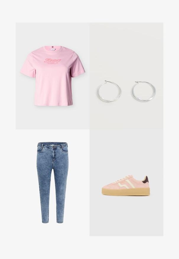 Lichtroze T-shirt met korte mouwen en rode tekst "Tommy Hilfiger, Co. Los Angeles, CA, USA" op de borst.; Blauwe denim skinny jeans met een hoge taille, vijf zakken en een ritsluiting. De stof heeft een licht vervaagde textuur met contrasterende stiksels.; Lichtroze suède sneaker met beige rubberen zool, crèmekleurige veters, crèmekleurige zijstrepen, donkerbruine hielaccent en "GANT" logo aan de zijkant.; Zilverkleurige metalen creolen oorbellen met een glad, licht gebogen oppervlak en sluitingen met haaksluiting op een effen witte achtergrond.