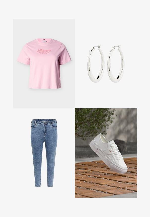 Lyserød T-shirt med korte ærmer og "Tommy Hilfiger, Co. Los Angeles, CA, USA" tekst i rødt på brystet.; Blå denim skinny jeans med høj talje, fem lommer og lynlåslukning. Stoffet har en let falmet tekstur med kontrasterende syninger.; Hvid læder sneaker med snørebånd og et lille rødt, hvidt og blåt logo, der svæver over en mønstret træ- og grusbelægning udendørs.; Sølvøreringe i form af hoops med en glat, blank finish. Cirkulær form, der har en sikker lås. Simpelt og elegant design.