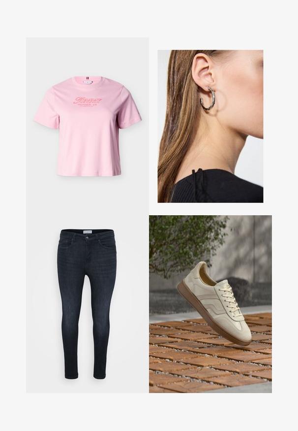 Lyserød T-shirt med korte ærmer og "Tommy Hilfiger, Co. Los Angeles, CA, USA" tekst i rødt på brystet.; Mørkeblå skinny jeans med en glat overflade, der har et klassisk fem-lomme-design og en lynlås med knaplukning.; Sneakers i cremefarve med en struktureret beige gummisål, snøredesign og diskret brand på siden. Overdel i glat læder.; Sølv hoop ørestik med en poleret overflade, prydet med små guld accenter og en rund form, båret på øreflippen.