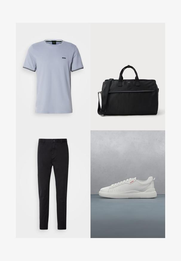 Camiseta de algodón azul claro con cuello redondo, mangas cortas y detalles a rayas en blanco y negro en los puños, que presenta un pequeño logo bordado.; Chinos negros con una textura suave, cierre de botón y diseño ajustado. Ideales para un look casual o semi-formal.; Zapatilla blanca con un acabado de cuero liso, punta redonda, cuatro ojales, perforaciones sutiles y un detalle de logo rojo en el lateral.; Bolsa de viaje rectangular negra con asas dobles, correa de hombro ajustable, bolsillo delantero con cremallera y pequeño logo "BOSS" en la parte frontal.