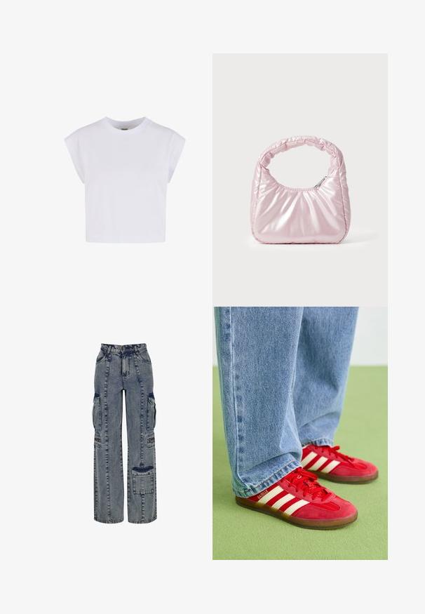 Urban Classics T-shirt basic - white; Lichte blauwe denim cargo broeken. Kenmerken zijn wijde pijpen, meerdere zijzakken en contrasterende donkere denim accenten. Gestructureerd met zichtbare naden.; Rode suède sneakers met drie witte strepen, ronde neus en gestructureerde zool, gecombineerd met lichtblauwe spijkerbroek op een groene achtergrond.; Roze, gevoerde handtas met een afgeronde vorm, gemaakt van glanzend materiaal. Beschikt over een geplooide handgreep en een ritssluiting voor veilige toegang.