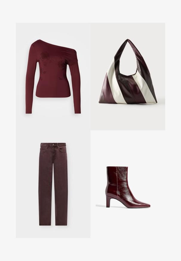 Bordeaux langærmet top med én skulderdesign, prydet med blomsterprint og små rivoli sten. Glat stof med let glans.; Straight-cut mørkebrune jeans med forreste knap, lynlås, bæltestropper og fem-lomme-design på en ensartet lys baggrund.; Burgundy læder ankelstøvle med spids tå, slankt design og en mellemstor blokhæl. Glat tekstur og minimal sømdetaljering.; Stor trekantet lædertaske med brede diagonale striber i mørkebrun, bordeaux og cremefarver mod en ensfarvet baggrund.