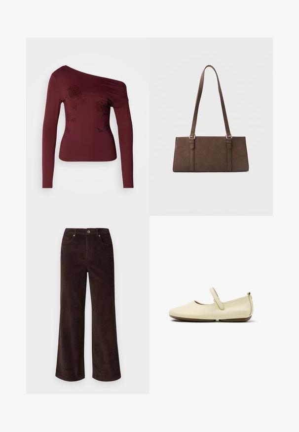 Bordeaux langarm top met één-schouder ontwerp, voorzien van bloemmotieven versierd met kleine strass-steentjes. Gladde stof met een lichte glans.; Vero Moda Petite VMTESSA PANTS - Broek - chocolate torte; Crèmekleurige Mary Jane platte schoen met afgeronde neus, verstelbare band en lage bruine zool, zijaanzicht op een witte achtergrond.; Bruine rechthoekige schoudertas met lange riemen en minimale stikdetails op een effen achtergrond.