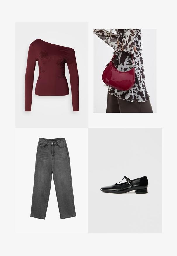 Bordeaux langarm top met één-schouder ontwerp, voorzien van bloemmotieven versierd met kleine strass-steentjes. Gladde stof met een lichte glans.; Zwarte high-waisted straight-leg jeans met een knoop aan de voorkant en zakken, weergegeven op een witte achtergrond.; Zwarte leren Mary Jane schoenen met een puntige neus, een kleine blokhak en een verstelbare riem met een zilveren gesp. Gladde, glanzende textuur.; Vrouw met een zwart-wit gebloemde blouse houdt een glanzende rode schoudertas vast tegen een effen achtergrond.