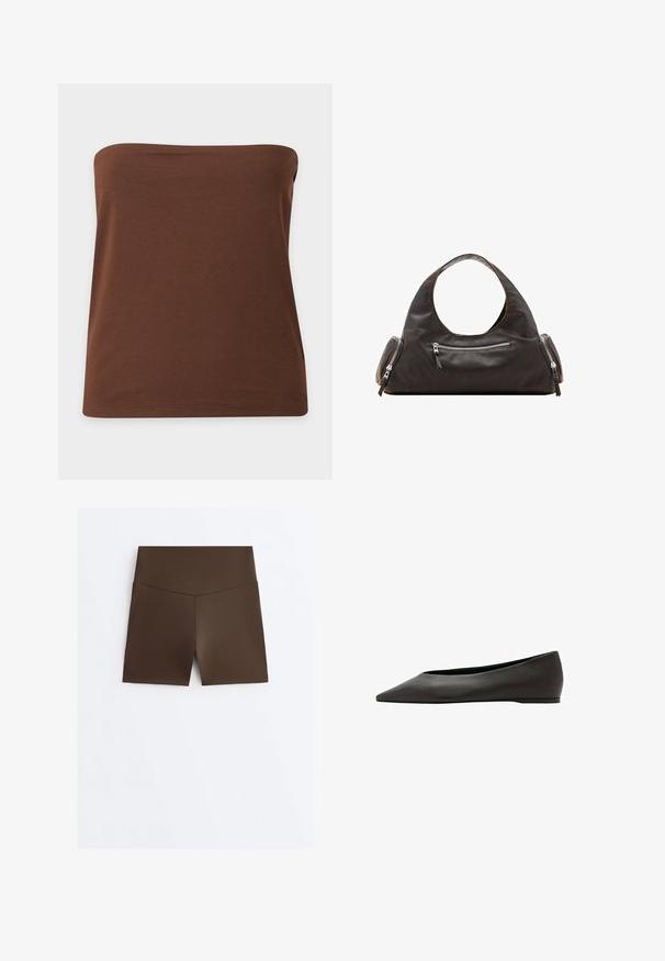 Bruine strapless tube top met rechte halslijn en eenvoudige zoom, afgebeeld op een effen lichtgrijze achtergrond.; Bruine, hooggetailleerde, nauwsluitende sportshorts met een V-vormig naaddetail bij de tailleband, weergegeven op een witte achtergrond.; Zwarte platte schoen met puntige neus, een lage hak en een glad leren bovenzijde, zijaanzicht op een witte achtergrond.; Zwarte leren handtas met een afgeronde bovenkant handvat, twee zijvakken met ritsen en een gladde textuur. Licht slappe vormgeving.