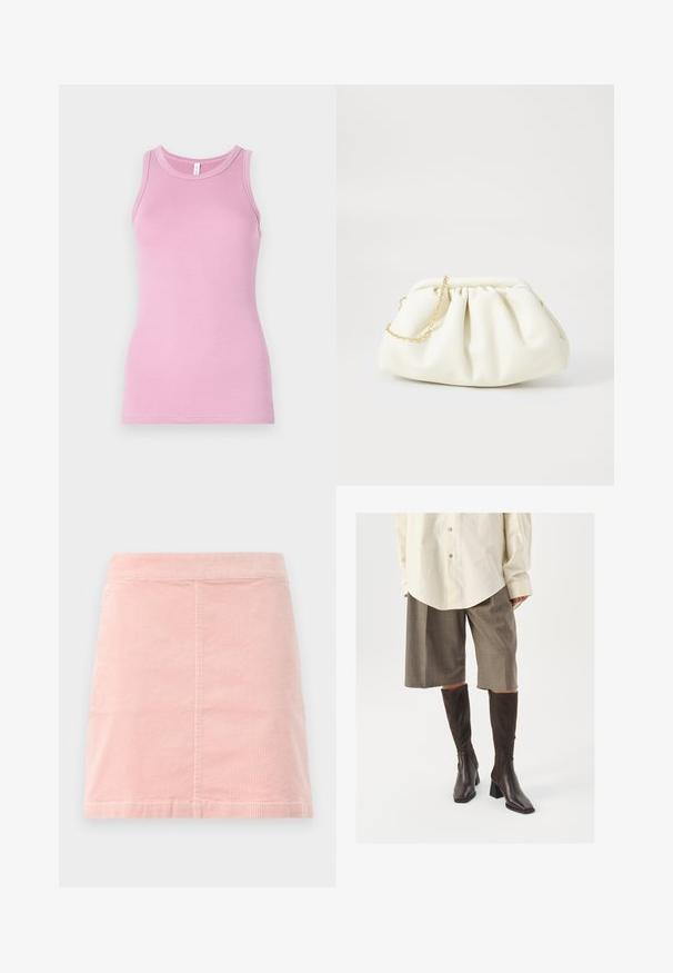 Top rosa de tirantes con un diseño ajustado, que presenta un cuello redondo y textura acanalada. Sin patrones ni acentos presentes.; Mini falda de pana rosa con una cintura ajustada y textura de costillas verticales. El dobladillo es recto y presenta un diseño simple sin decoraciones.; Botas marrones hasta la rodilla con punta cuadrada y tacón ancho, combinadas con una camisa beige de gran tamaño y culottes marrones de cuadros.; Bolso de mano de cuero blanco con un diseño recogido, cuenta con una cadena dorada y forma redondeada. Textura suave con pliegues suaves y sin patrones.