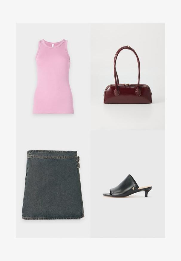 Top rose en débardeur avec une coupe ajustée, présentant un col rond et une texture côtelée. Aucun motif ni accent présent.; Jupe en denim bleu foncé avec une surface texturée, dotée de deux boucles latérales et d'un ourlet droit. Coutures visibles le long des bords.; Mules ouverts en cuir noir avec un talon bas. Présentent une surface lisse et un accent logo doré sur le côté.; Sac à main en cuir bordeaux avec une forme courbée, deux poignées, fermeture éclair et détails de couture subtils. Fini lisse et brillant.