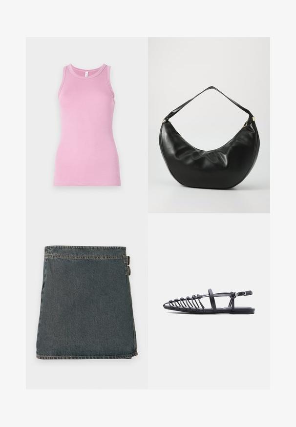 Roosa tank top sobiva disainiga, ümmarguse kaelusega ja soonikkoes. Mustri ega aktsentideta.; Tumed denim hõlmikseelik tumesinises värvitoonis, millel on tekstuuriga pind, kahe külgmise klambriga ja sirge äärega. Näha on õmbluste jooni äärealadel.; Mustad madalad sandaalid, millel on mitu õhukest rihma, pandlaga pahkluu rihm ja avatud varba resti disain valgel taustal.; Mustast nahast õla kott, millel on kõver kuju, pehme tekstuur ja üks rihm; sisaldab kuldset tõmblukku ja peent brändimist.