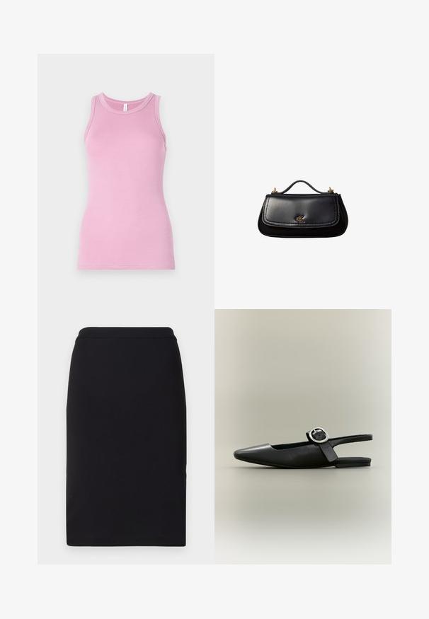 Top rosa de tirantes con un diseño ajustado, que presenta un cuello redondo y textura acanalada. Sin patrones ni acentos presentes.; Falda lápiz negra hecha de tela elástica, con una textura suave y un diseño recto y ceñido con una cinturilla ajustada.; Zapato plano tipo slingback negro con punta afilada, hebilla plateada y tacón bajo sobre un fondo neutro.; Bolso de mano negro de piel con un asa pequeña, logo "cK" en tono dorado en la solapa frontal y detalles de herrajes dorados.