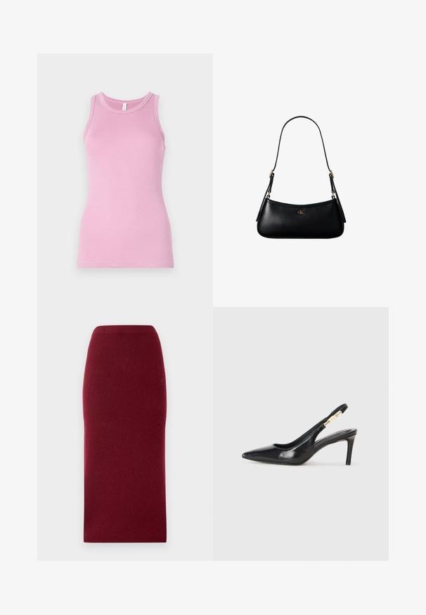 Rosa tanktop med en tætsiddende design, der har en rund halsudskæring og ribbet tekstur. Ingen mønstre eller accenter til stede.; Bordeaux strik midi-nederdel med en tætsiddende silhuet, glat tekstur og en talje. Ingen synlige sømme eller mønstre. Ensfarvet hele vejen igennem.; Sort læder slingback højhælede sko med spidse tæer, glat overflade og en smal ankelrem med guldfarvede hardware detaljer.; Sort læder mini skuldertaske med tynd rem og lille gyldent CK-logo på fronten i midten.