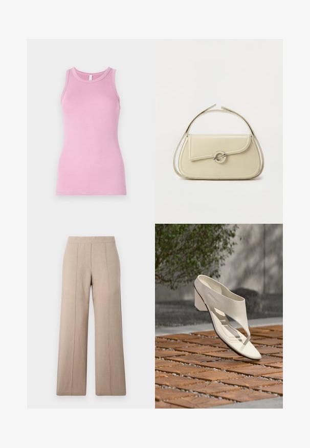 Top rose en débardeur avec une coupe ajustée, présentant un col rond et une texture côtelée. Aucun motif ni accent présent.; Pantalons larges beige en tissu léger, avec des plis à l'avant, une ceinture lisse et une coupe droite aux ourlets nets.; Sandale à talon en cuir blanc avec une large bride et un entre-doigts, exposée en extérieur sur une surface carrelée en bois et en gravier avec de la verdure en arrière-plan.; Sac à main en cuir crème avec rabat incurvé, fermoir circulaire en argent et poignée courte sur le dessus, sur fond blanc uni.