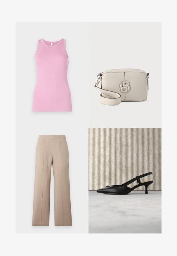 Rosa Tanktop mit figurbetontem Design, runder Ausschnitt und gerippter Textur. Keine Muster oder Akzente vorhanden.; Beige weit geschnittene Hose aus leichtem Stoff, mit vorderen Falten, einem glatten Bund und geradem Schnitt mit sauberen Säumen.; Schwarzer Slingback-Pumps mit kitten-Absatz, spitzer Spitze und Metall-Logodetail, schwebend in der Nähe einer reflektierenden Oberfläche und eines Metallgestells mit Papieren.; Beige Umhängetasche aus strukturiertem Leder mit Reißverschluss, versehen mit einem auffälligen, eingeprägten Logo auf der Vorderseite und einem verstellbaren Riemen.