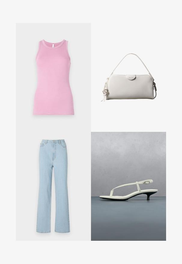 Top rose en débardeur avec une coupe ajustée, présentant un col rond et une texture côtelée. Aucun motif ni accent présent.; Jean en denim bleu clair taille haute avec une coupe décontractée, jambes larges et design classique à cinq poches. Fait avec un bouton en métal et une fermeture éclair.; Sandale blanche à talon kitten avec des lanières et un bout pointu, flottant au-dessus d'un sol en carrelage en bois en plein air avec un arrière-plan flou de plante et de mur.; Sac à main rectangulaire blanc Calvin Klein avec une seule poignée, design minimaliste et pampilles décoratives avec un charm métallique géométrique sur le côté.