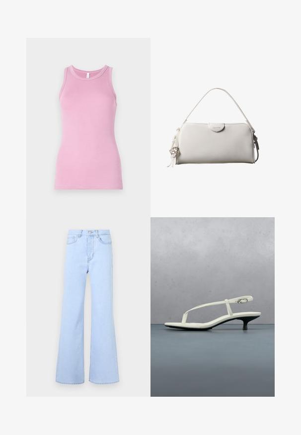 Top rose en débardeur avec une coupe ajustée, présentant un col rond et une texture côtelée. Aucun motif ni accent présent.; Jean évasé bleu clair taille haute, doté de cinq poches, d'une fermeture à bouton et d'une texture denim lisse. Les bords sont soigneusement cousus.; Sandale blanche à talon kitten avec des lanières et un bout pointu, flottant au-dessus d'un sol en carrelage en bois en plein air avec un arrière-plan flou de plante et de mur.; Sac à main rectangulaire blanc Calvin Klein avec une seule poignée, design minimaliste et pampilles décoratives avec un charm métallique géométrique sur le côté.