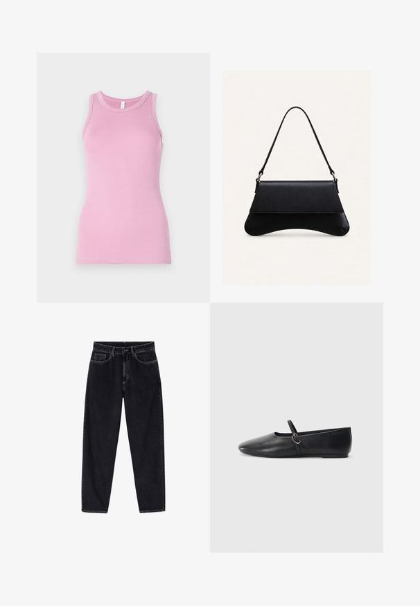 Roze tanktop met een aansluitend ontwerp, voorzien van een ronde halslijn en ribbeltextuur. Geen patronen of accenten aanwezig.; Zwarte jeans met hoge taille en rechte pijpen, voorzien van knopen aan de voorkant, rits, riemlussen en vijf zakken, afgebeeld tegen een witte achtergrond.; Zwarte leren balletschoenen met een spitse neus, platte zool en een kleine strap met een zilveren gespsluiting.; Zwarte leren handtas met een gebogen bodem, klepsluiting en enkele dunne schouderriem tegen een effen lichte achtergrond.