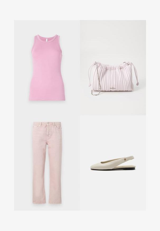 Rosa tanktop med en tætsiddende design, der har en rund halsudskæring og ribbet tekstur. Ingen mønstre eller accenter til stede.; Lys rosa denimjeans med lige pasform, fem lommer og lynlås. Har sy detaljer og hardware i sølvfarve.; Flatsko i cremefarvet læder med rundet tå og lille guldemblem på remmen.; Rosa plisseret håndtaske lavet af kunstlæder, med snørelukning og en sølvfarvet kædrem. Glat tekstur, kompakt form.