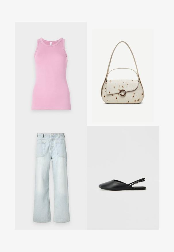 Rosa Tanktop mit figurbetontem Design, runder Ausschnitt und gerippter Textur. Keine Muster oder Akzente vorhanden.; Hellblaue, weit geschnittene Jeans aus Denim mit hoher Taille, zwei Gesäßtaschen und subtilen Verfärbungen, verziert mit gelben Nähten.; Schwarze Leder-Slingback-Schuhe mit spitzem Zehenbereich, geschwungenem Design und verstellbarem Schnallenriemen. Glatte Textur, flache Sohle, minimale Details.; Handtasche in Cremefarben mit braunen Sprenkeln, gebogenem Überschlag mit rundem Metallverschluss, ausgestattet mit zwei dünnen Riemen, einer längeren für die Schulter.