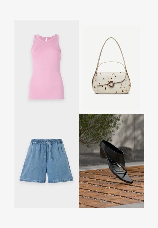 Rosa Tanktop mit figurbetontem Design, runder Ausschnitt und gerippter Textur. Keine Muster oder Akzente vorhanden.; Jeansshorts in Hellblau mit einem elastischen Bund und Kordelzug. Sie verfügen über Seitentaschen und eine lockere Passform mit genähten Säumen.; Schwarze High-Heeled Sandale mit Zehensteg, schwebend über einer gemusterten Holz- und Kiesaußenfläche mit verschwommenem Grün und Wand im Hintergrund.; Handtasche in Cremefarben mit braunen Sprenkeln, gebogenem Überschlag mit rundem Metallverschluss, ausgestattet mit zwei dünnen Riemen, einer längeren für die Schulter.