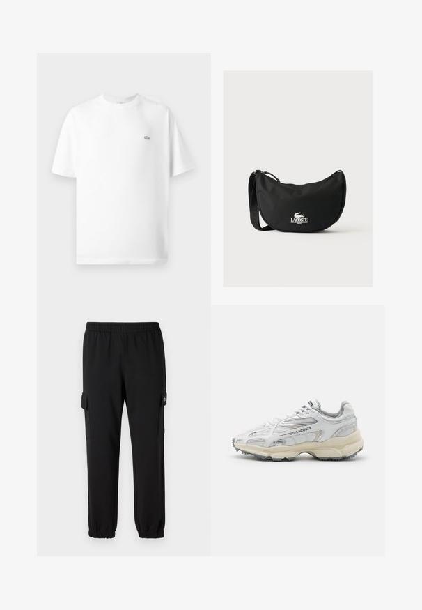 Camiseta de algodón blanca con cuello redondo y mangas cortas. Presenta un pequeño logo negro de Lacoste en el lado izquierdo del pecho.; Pantalones de chándal negros con cintura elástica, puños ajustados y bolsillos laterales tipo cargo. Fabricados con material suave y textura lisa.; Zapatillas deportivas blancas con detalles en gris, parte superior de malla y sintético, diseño de cordones, y suela de goma texturizada con patrones de tracción.; Bolso de hombro Lacoste negro con forma curva, correa ajustable y logo de cocodrilo blanco en relieve sobre el nombre de la marca en la parte delantera.