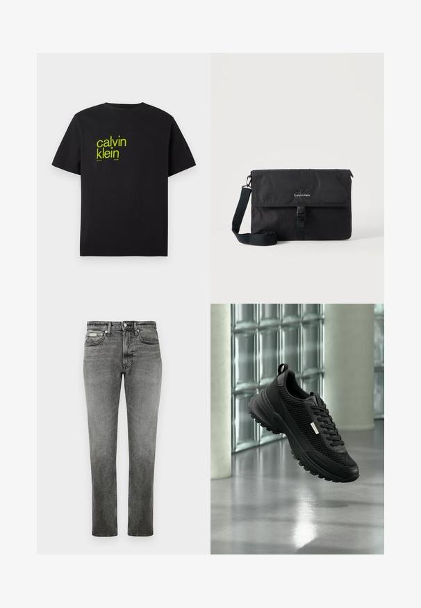 Schwarzes Baumwoll-T-Shirt mit gelber Schrift, die "calvin klein" und "new york city since 1968" in einer modernen, fetten Schriftart zeigt. Kurze Ärmel.; Graue gerade geschnittene Jeans aus Denim mit Vordertaschen, Gürtelschlaufen, Knopfverschluss und dezenten Ausbleichungen.; Schwarzer sportlicher Sneaker mit Mesh-Seitenteilen und dicker Sohle, der drinnen in der Nähe von Glasbausteinen und Säulen auf einem glatten Boden schwebt.; Schwarze Calvin Klein Umhängetasche mit verstellbarem Schultergurt und vorne mit einer Schnalle gesicherter Klappe, vor neutralem Hintergrund präsentiert.