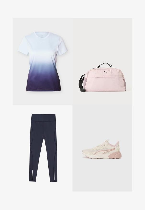 T-shirt de sport féminin à manches courtes avec un dégradé du blanc au bleu foncé et un petit logo blanc "HYROX" au centre de la poitrine.; Leggings bleu marine en tissu extensible, dotés d'une taille haute et de coutures latérales arrondies, avec des accents réfléchissants au niveau des ourlets des chevilles.; Baskets légères avec un design beige et rose pâle, tige en maille, semelle rembourrée et accents de logo discrets sur le côté.; Sac de sport Puma rose clair avec bandoulière réglable noire, poignée supérieure, poche avant zippée et poches latérales en mesh sur fond blanc.