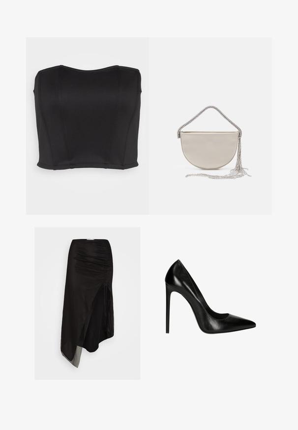 WAL G. PRIYA BODICE - Débardeur - black; Jupe asymétrique noire en tissu léger et transparent, avec des détails froncés sur le côté et une fente haute pour plus de mouvement.; Pompe à talon aiguille en cuir noir avec un bout pointu et une texture lisse. Présente une silhouette élégante et un talon aiguille.; Sac à main en satin beige en forme de demi-lune avec une chaîne en argent scintillante et des détails à franges. Texture lisse avec un design minimaliste.