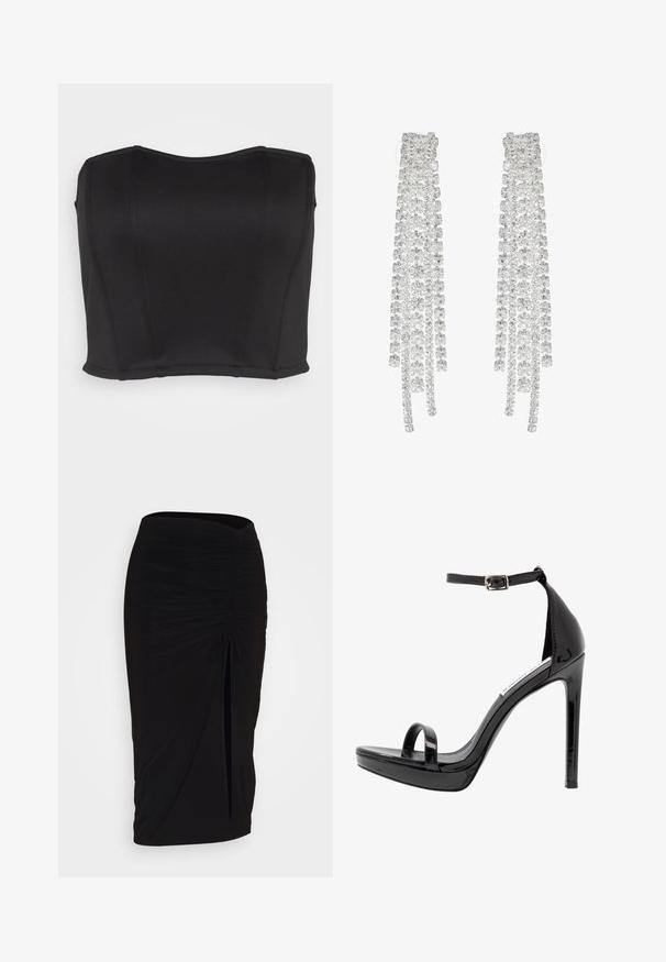 WAL G. PRIYA BODICE - Top - black; falda lápiz negra con fruncido, detalle de lazo y abertura lateral. Hecha de un tejido elástico, con una textura suave y un diseño ajustado.; Steve Madden MILANO - Sandalias de tacón - black; Pendientes largos de plata que presentan una variedad de cristales transparentes facetados en cascadas con diferentes longitudes y formas.