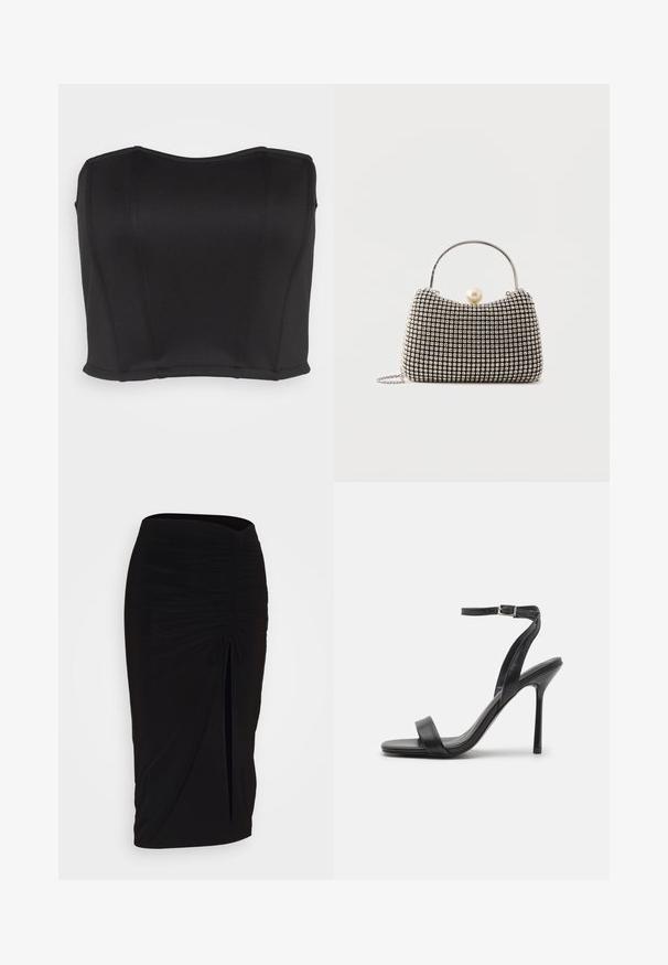 WAL G. PRIYA BODICE - Top - black; falda lápiz negra con fruncido, detalle de lazo y abertura lateral. Hecha de un tejido elástico, con una textura suave y un diseño ajustado.; Sandalia negra de tacón alto con una correa delgada en el tobillo y dos bandas en la parte frontal. Hecha de cuero suave con una punta afilada y tacón de aguja.; Pequeño bolso de mano con patrón de cuadrícula plateada, asa curva, gran cierre de perla y una delgada correa de cadena plateada sobre un fondo liso.
