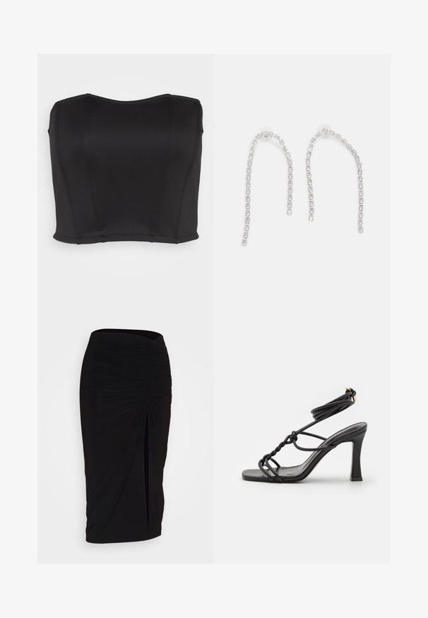 WAL G. PRIYA BODICE - Top - black; falda lápiz negra con fruncido, detalle de lazo y abertura lateral. Hecha de un tejido elástico, con una textura suave y un diseño ajustado.; DeeZee Sandalias de tacón - black; Pendientes de plata con cadenas colgantes, adornados con múltiples piedras preciosas transparentes dispuestas en un patrón lineal, que ofrecen un efecto deslumbrante.