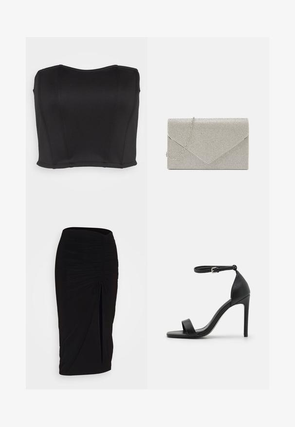 WAL G. PRIYA BODICE - Top - black; falda lápiz negra con fruncido, detalle de lazo y abertura lateral. Hecha de un tejido elástico, con una textura suave y un diseño ajustado.; Sandalia de tacón alto negra con un diseño elegante, que cuenta con una correa en el tobillo, punta abierta y una textura de cuero suave.; Bolso de mano metálico plateado con diseño de sobre, embellecido con un patrón texturizado, que incluye una correa de cadena desmontable.
