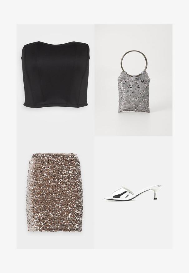 WAL G. PRIYA BODICE - Top - black; Brun, pailletteret miniskørt med et tætsiddende design, dækket af refleksive sølv pailletter, som skaber en tekstureret, glitrende effekt.; Sølvfarvet åben tå slide sandale med lav kitten-hæl og skinnende metallisk finish på neutral baggrund.; Perlegrå clutch taske med metallisk rund håndtag, der har en tekstureret overflade prydet med blomsterformede palietter og glitrende detaljer.