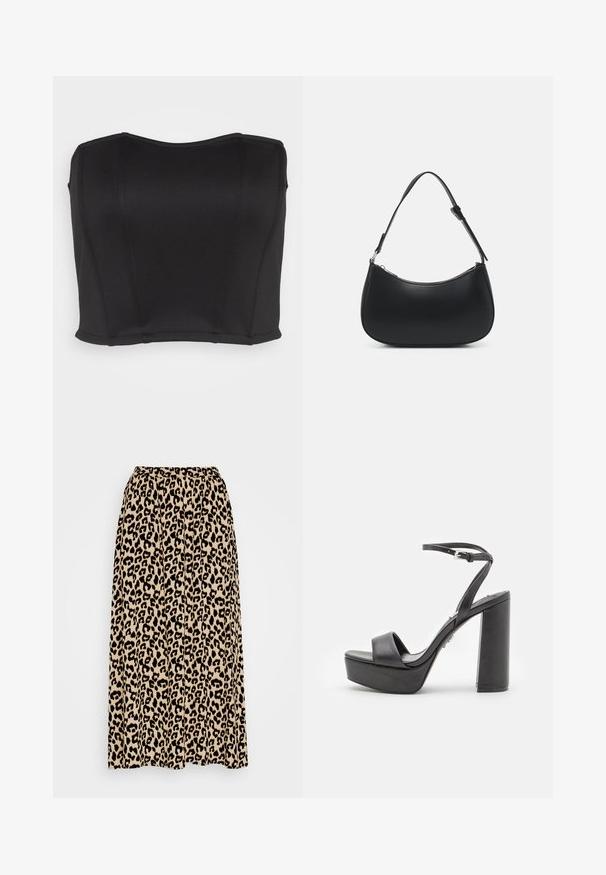 WAL G. PRIYA BODICE - Top - black; Leopartrykt midi-nederdel i beige og sort. Har en elastisk talje og en plisseret design for øget bevægelse og pasform.; Sorte platform højhælede sandaler med åben tå, bred forreste rem og justerbar ankelrem. Glat læderfinish og chunky blokhæle.; Pieces PCALUANA SHOULDER BAG - Håndtasker - black