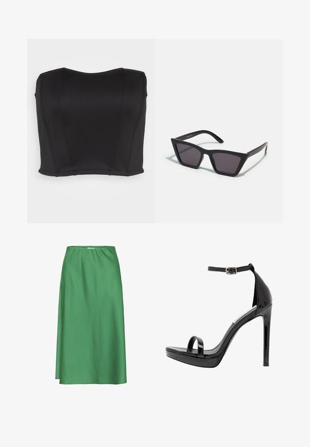 WAL G. PRIYA BODICE - Top - black; Falda de satén verde con cintura elástica, de longitud media, textura lisa y un diseño sencillo y fluido sin patrones ni detalles visibles.; Steve Madden MILANO - Sandalias de tacón - black; Gafas de sol negras y angulares con lentes grises; fabricadas en plástico, con varillas gruesas de superficie suave y sin herrajes visibles.