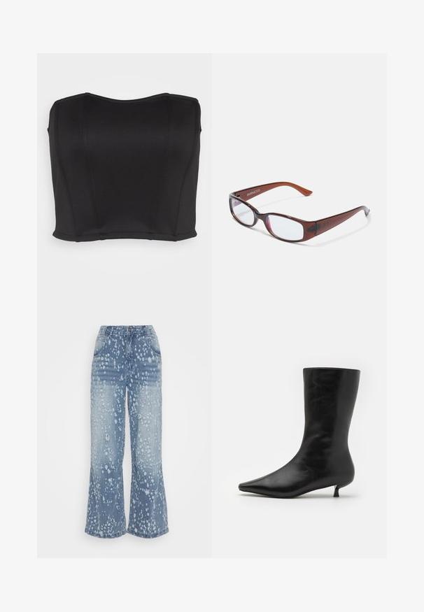 WAL G. PRIYA BODICE - Top - black; Jaded London CHEESEGRATE COLOSSUS - Jeans Relaxed Fit - blue; Sort læder ankelstøvle med spids tå, tætsiddende silhuet og lav, konisk hæl. Glat tekstur, minimalistisk design.; Brune-farvede rektangulære briller med en glat overflade, der har slanke arme og gennemsigtige linser. Logoet er synligt på venstre temple.