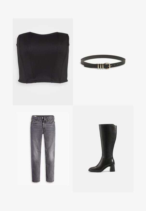 WAL G. PRIYA BODICE - Débardeur - black; Jean en denim gris avec une taille haute. Caractéristiques : cinq poches, fermeture à bouton et zip, et texture légèrement décolorée avec des coutures contrastantes.; Botte en cuir noire montant jusqu’au genou avec un talon bloc et un bout arrondi, vue de profil sur un fond uni.; Ceinture en cuir noir texturé avec une boucle en métal doré comportant trois barres horizontales et de nombreux trous d'ajustement.