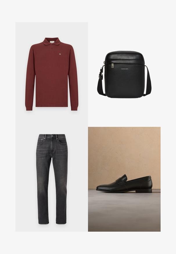 Polo-shirt à manches longues bordeaux en coton, arborant un col classique, une patte de boutonnage à trois boutons et un petit logo brodé sur la poitrine.; Jean en denim noir avec une coupe droite, dotés de poches avant, d'une fermeture à bouton et d'un léger délavage sur le tissu.; Mocassin en cuir noir présenté en lévitation au-dessus d'un tapis beige avec un canapé beige en arrière-plan.; Sac bandoulière noir Calvin Klein avec bandoulière réglable, poche avant zippée et logo discret sur surface en cuir texturé.