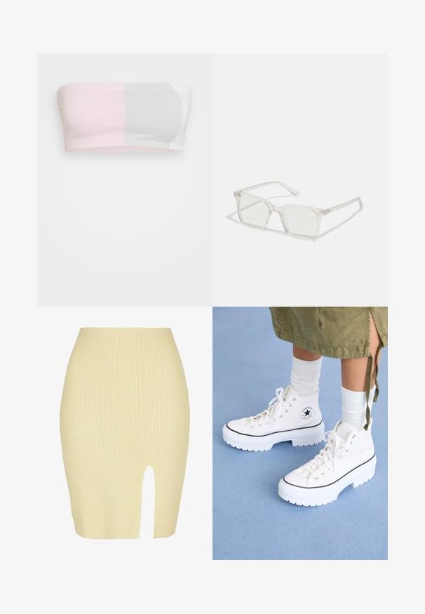 adidas Originals TUBE - Top - clear pink; Ribbet midi nederdel i lysegul med slidsdetalje foran, der har en tætsiddende silhuet og en blød tekstur.; Hvide højtop sneakers med et tekstureret canvas-overdel, gummitåhætte og tyk hvid platformssål. Har sorte accenter og snøreringe.; Klare plastiske briller med firkantet ramme og gennemsigtige linser, der har guld accenter på tempelstængerne for ekstra detaljer.